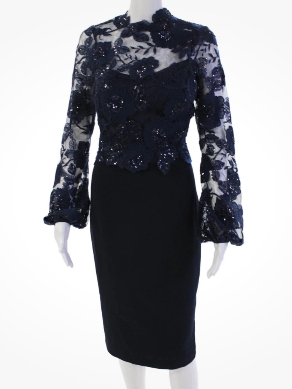 Nicole Bakti Navy Sequin Lace Long Sleeve Sheath Dress